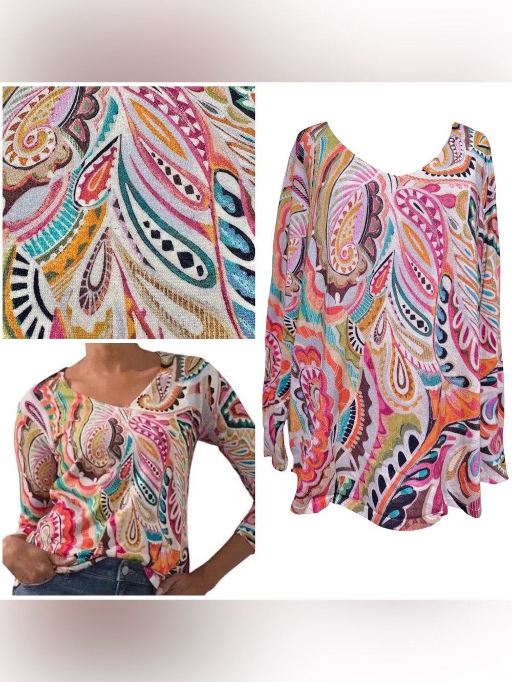 Chicos Multicolor Paisley Long Sleeve Lightweight Sweater Top V-Neck Size Large